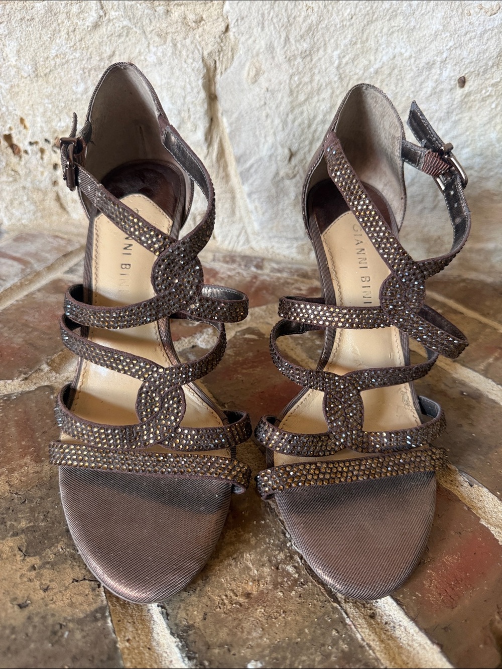 GIANNI BINI Brown Rhinestone Strappy Heels